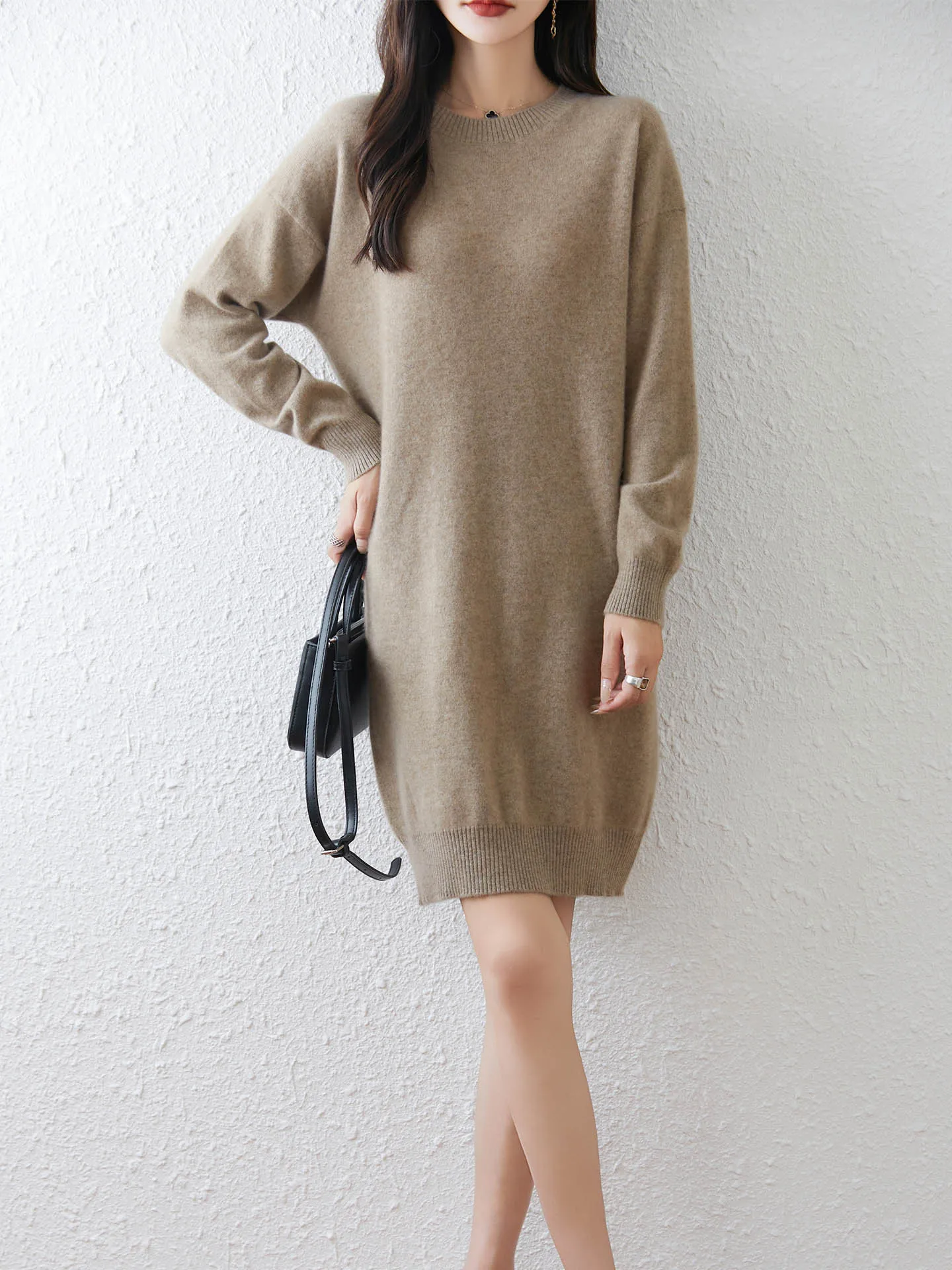 Maglione ampio da donna in lana merino girocollo Camicia sopra la testa in cashmere di media lunghezza Maglieria morbida e confortevole per l'autunno inverno