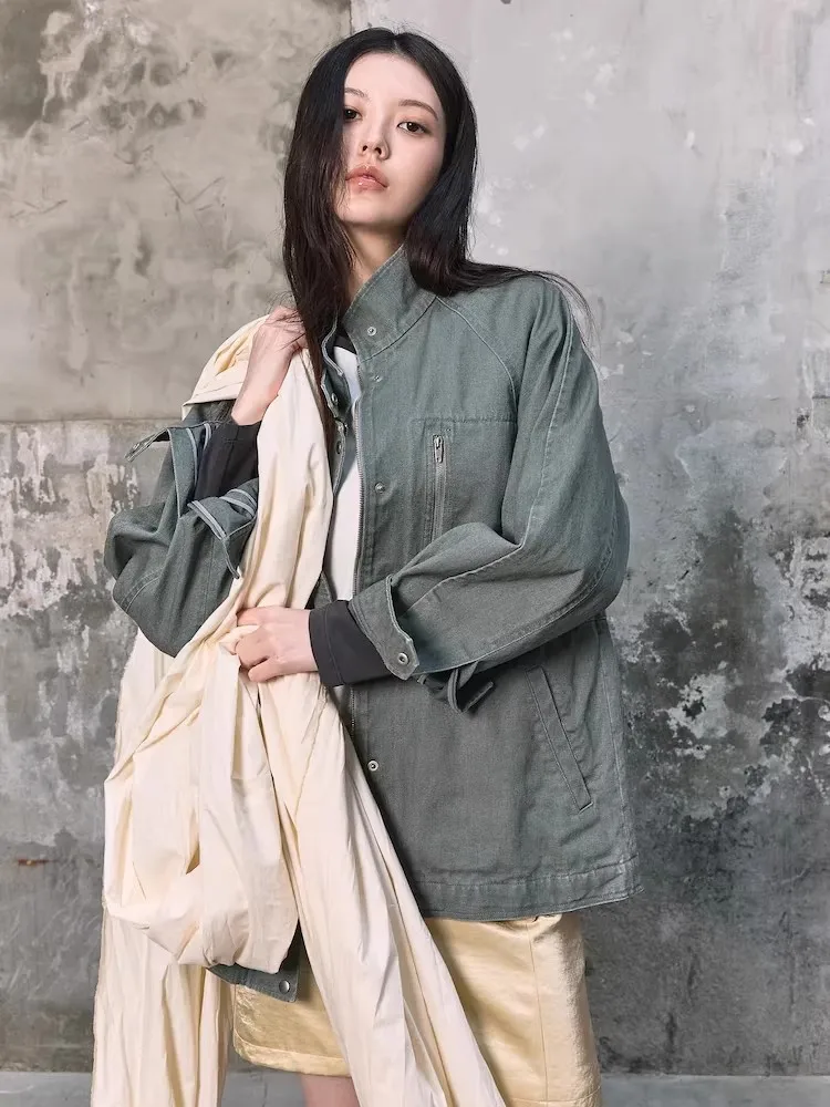 Authentic Noxiao Brand Spring 2026 Denim Style Stand Collar Coat Casual Long Sleeve Women's Jacket Standard Fit Cotton Outerwear