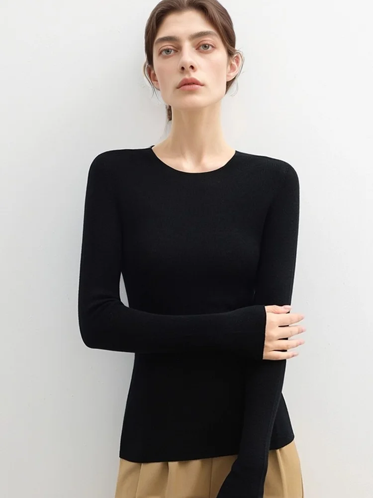 

mat Sle Beautifully Knitted Woolen round Ne Slim Fit Women's Base irt Bla Sl hine Waable Top