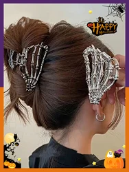 1Pcs Halloween Skeleton Hand Metal Hair Claw Clips,Gunmetal Hand Skull Metal Hair Clip for Thin Hair Punk Y2K Style