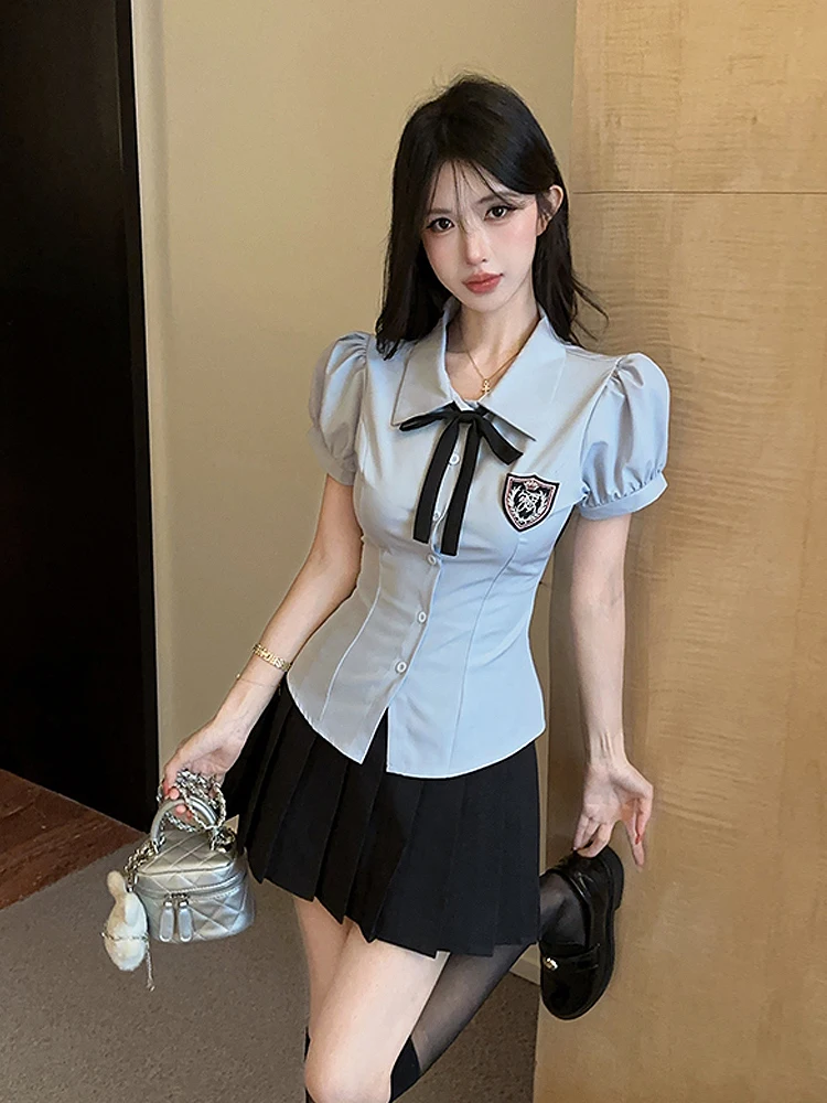 

Summer New Style Sexy Girl JK Uniform Blue Collar Knot Short Sleeve Shirt Black Pleated Skirt Fashion Set for ...