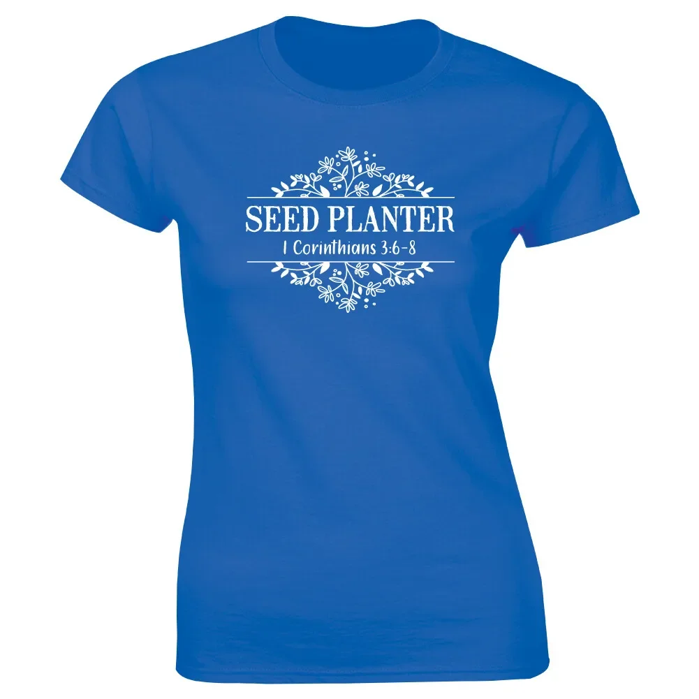 Seed Planter 1 Corinthians 3:6-8 with Flower Image Christian T-Shirt for Women