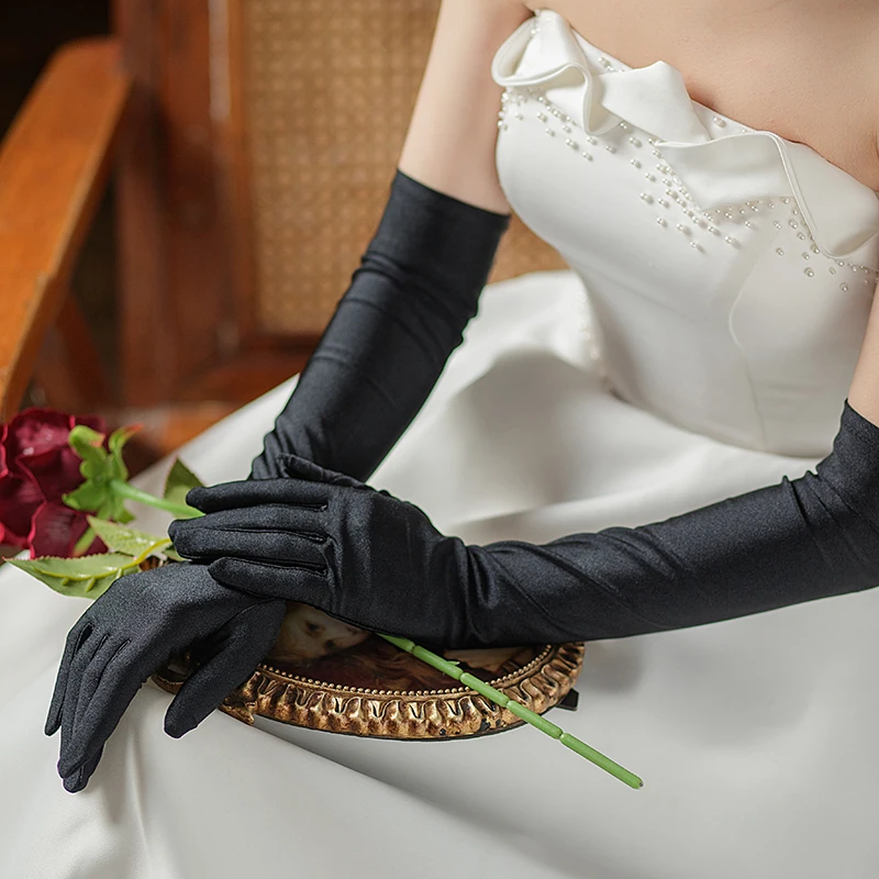 WG068 Wedding Bridal Black Finger Gloves Full Long Satin Brides Bridesmaid Prom Evening Parties Gloves Women Handschuh