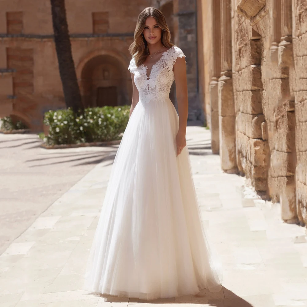 

Double V-Neck Wedding Gowns Tulle Cap Sleeve Backless Applique A-Line Boho Bride Dresses Plus Size vestidos de novia Customized