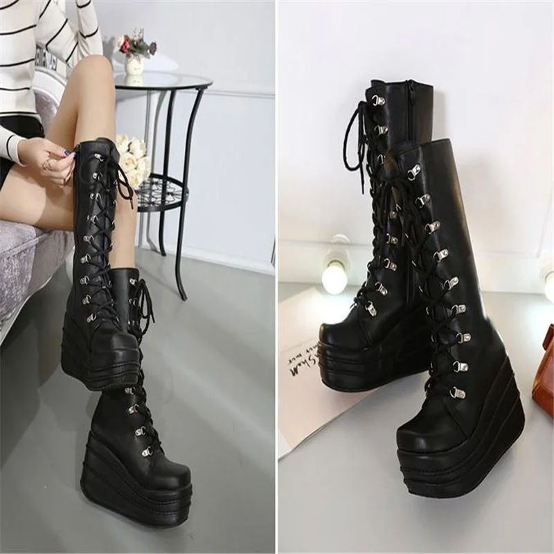 Size 35-43 Botas Mujer Plataforma Winter Womens Boots Punk Style White Wedge High Heel Boots Lace Up Wedge Platform Boots