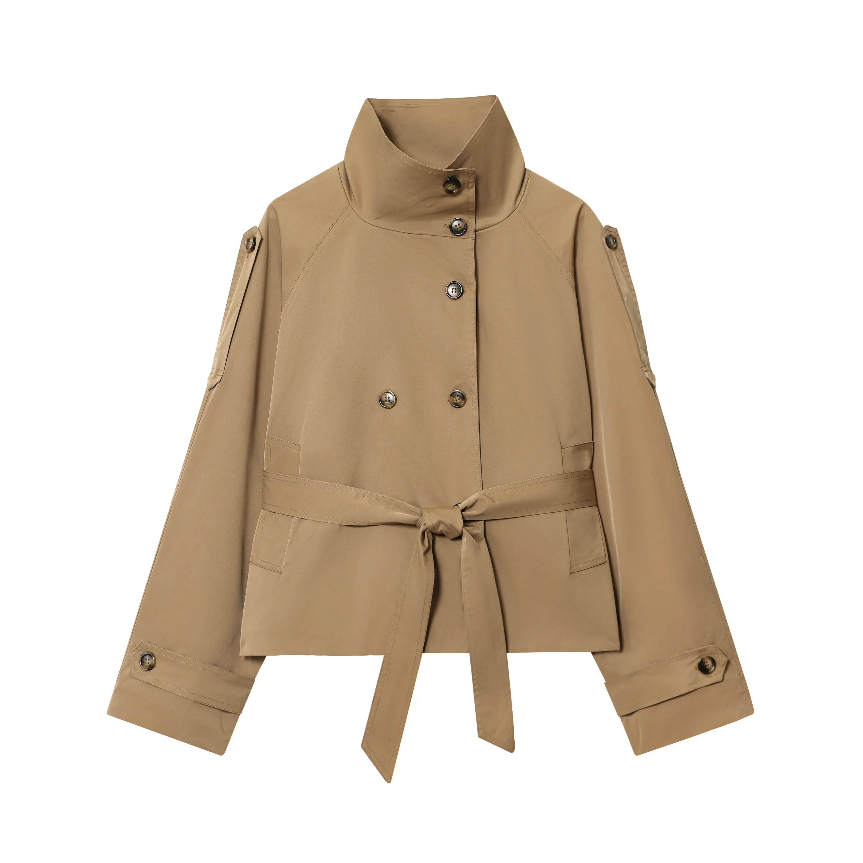 Khaki Stand Collar Cropped Trench Jacket Double Breasted Belt Waist Raglan Long Sleeve Epaulet Casual Short Wind Coat 260602