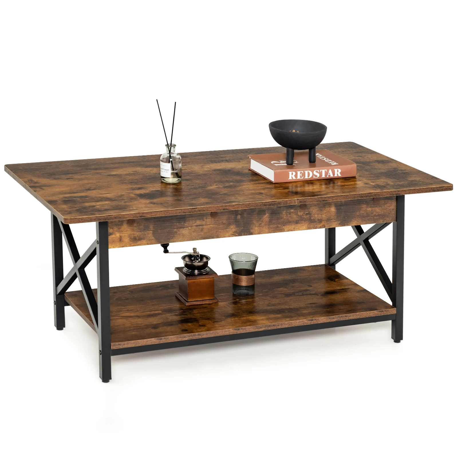 Mesa de Café Industrial de 2 Niveles, Mesa de Centro con Estante de Almacenamiento y Marco de Metal en Forma de X, Mesa Rectangular Auxiliar para Sala de Estar, Marrón Rústico y Negro Café