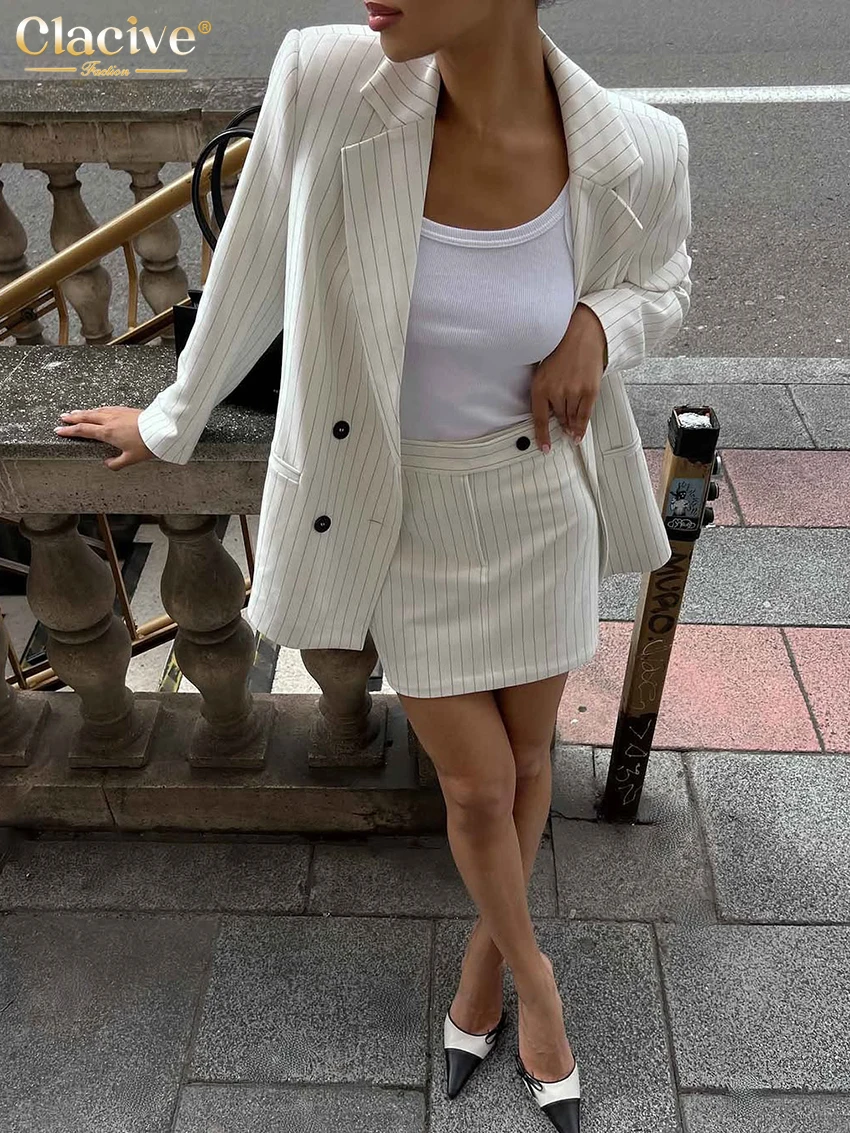 Clacive Fashion Loose Stripe Print Two Piece Outfits Woman 2025 Elegant Long Sleeve Blazer With High Waist Mini Skirt Set Female