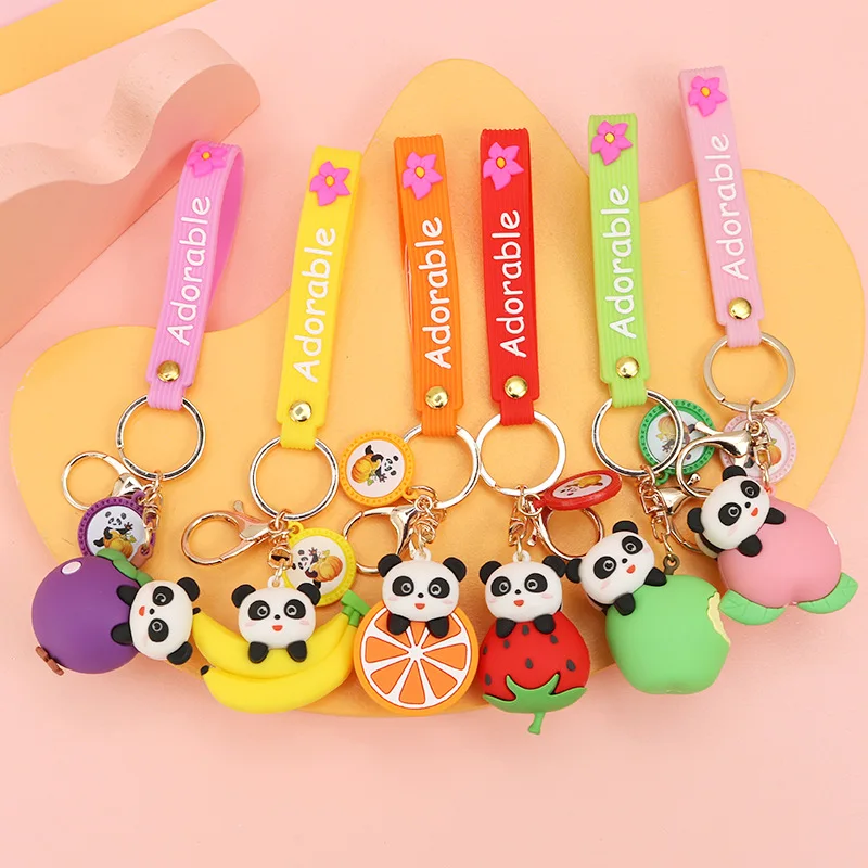 

Cartoon Fruit Satchel Little Panda Doll Keychain for Girls Cute Bag Pendant Female Lovely Key Chain Car Key Ring Keyring Small G