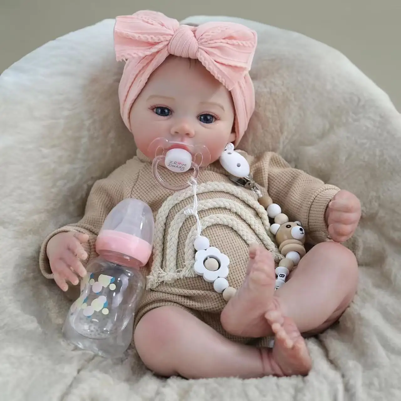 18-inch Vinyl Reborn Doll, Cute Expression | Exquisite Blue Eyes, Pink Headscarf, Realistic Skin & Facial Features, Poseable
