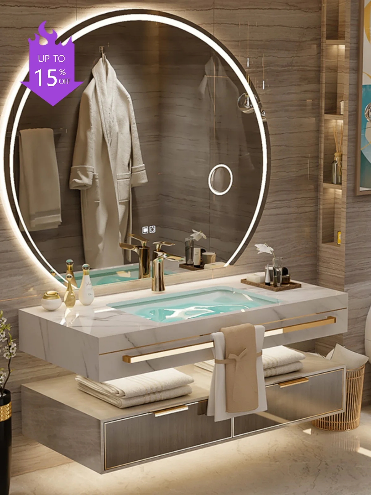 

Light Luxury Solid Wood Stone Plate Seamless Basin Bathroom Cabinet Combination Smart Washbasin Wash Basin Double Basin Bathroom