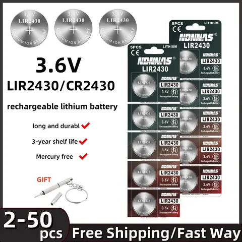 LIR2430 LIR 2430 Lithium Rechargeable Battery For Car Key Remote Control Watch Clock Replace CR2430 PD2430 3.6V Button Battery