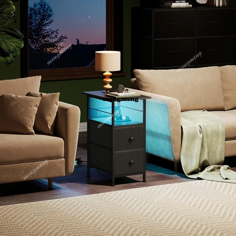 충전 스테이션 겸용 엔드 테이블 LED 조명, 패브릭  - Solid Wood Nightstand 2 Drawers 리뷰 및 가격