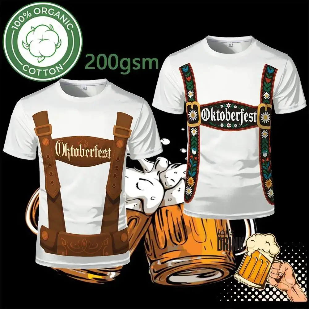 

German Oktoberfest 100% Cotton T-shirt Vintage Traditional Suspender Print Graphic Tops Bavarian Style Fun Party Men's Clothing