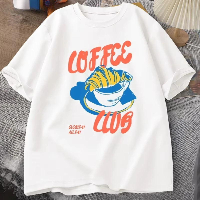 Coffee Club T-Shirt Retro Kaffee T-Shirt Grafik-T-Shirt aus französischer Baumwolle Kurzarm-T-Shirts Übergroße Oberteile Mode Streetwear Unisex