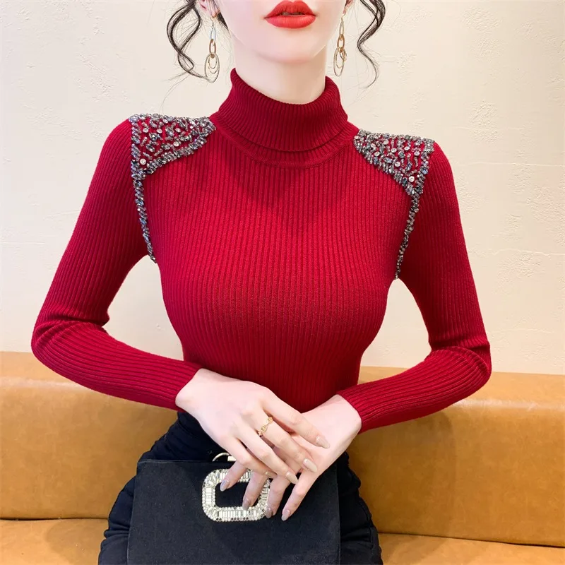 

Ele Long Sve вязаный свитер женский с высоким воротником и бриллиантами, приталенный базовый слой, корейский Sle Commute Faion