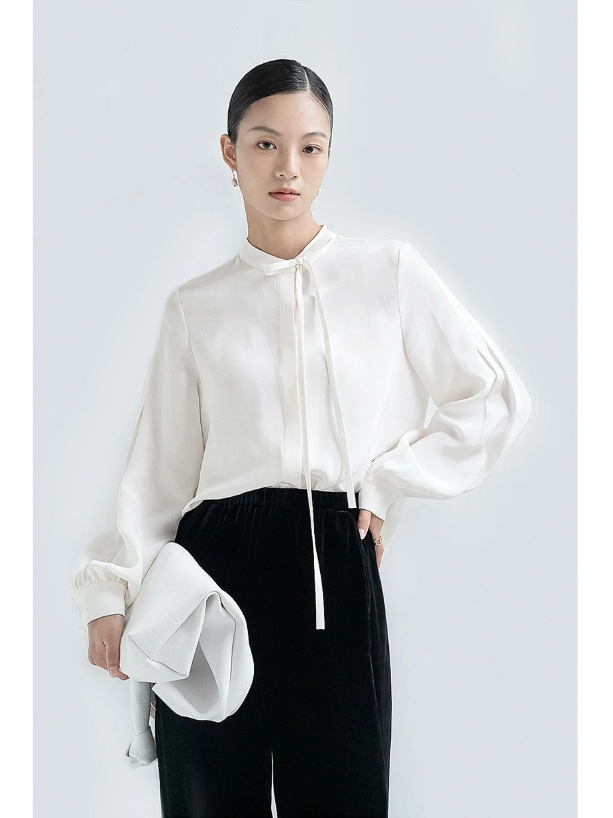 

Elegant White Silk Shirt Women's Premium Design Heavyweight Silk Luxury Top Straight Cut French Style Button Detail
