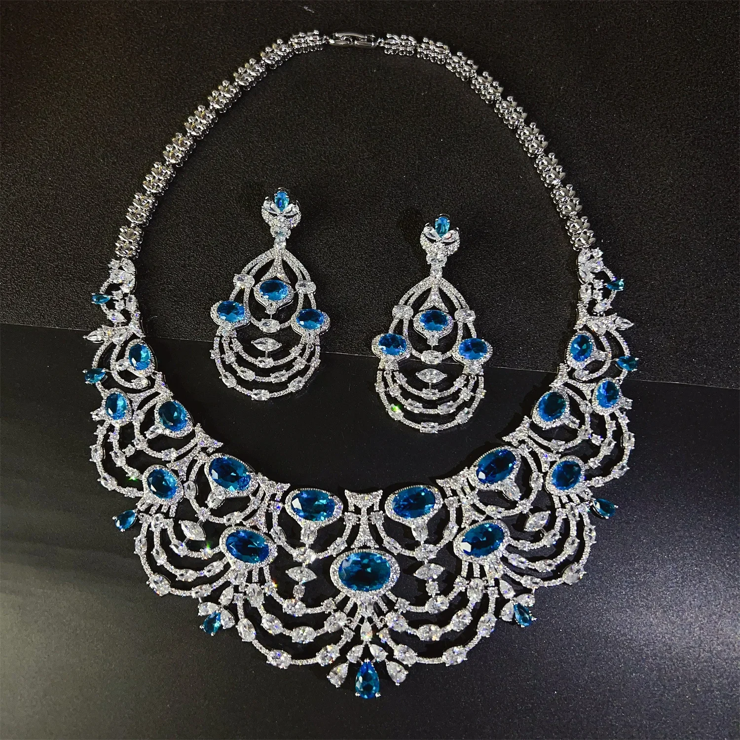 Luxury 2PCS Bridal Jewelry Set for Women Shiny Zircon Blue Crystal Necklace And Earring Indian Dubai Arab Wedding Gift