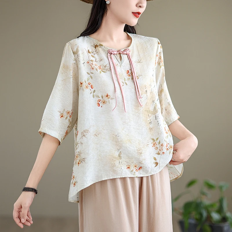 

New Chinese Sle Women's ort Sve Flax irt Lightweight Cotton Linen Artistic Print f Open Collar Casual Top