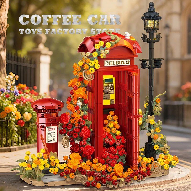 1142Pcs Retro Phone Booth Building Blocks 3D Desktop Model Creative Flower Call Box MOC Bricks Construction Toys Adult Kid Gifts
