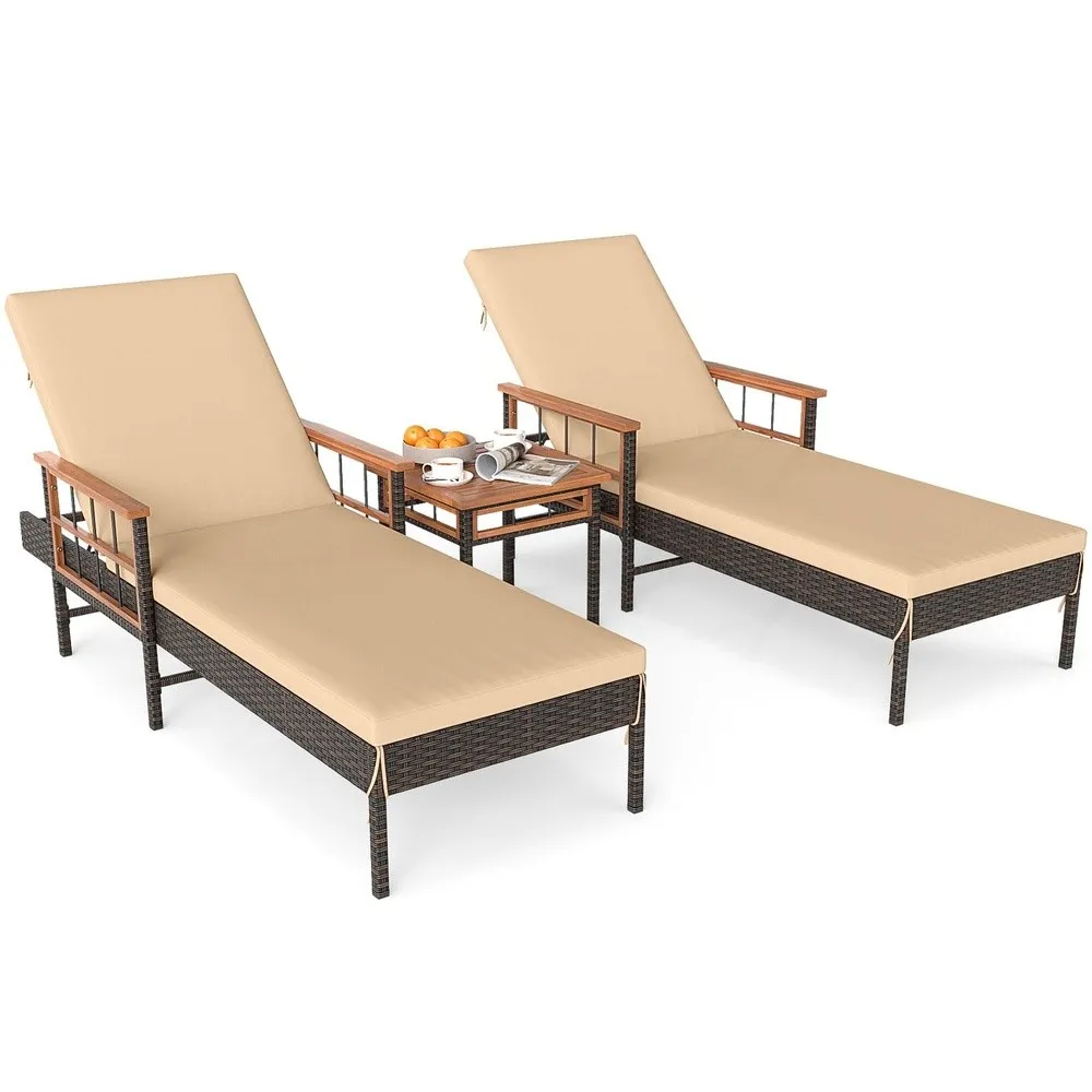 3 Pieces Patio Chaise Lounge Set 2 Rattan Lounge Chairs with 4 Level Adjustable Backrest Acacia Wood Armrests & Side