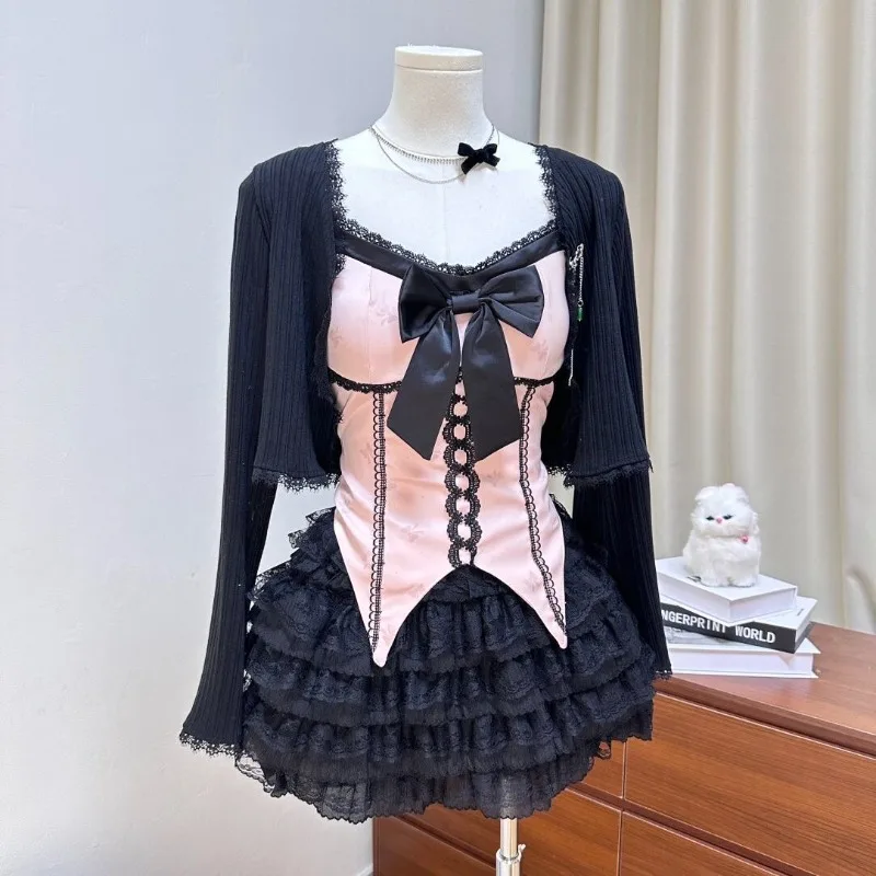 Darkly Series Gothic Girl Design Sweet Vintage Pink Bow Top Unique Short Skirt Sets Black Lace Cake Dress 3 Piece Sets Female