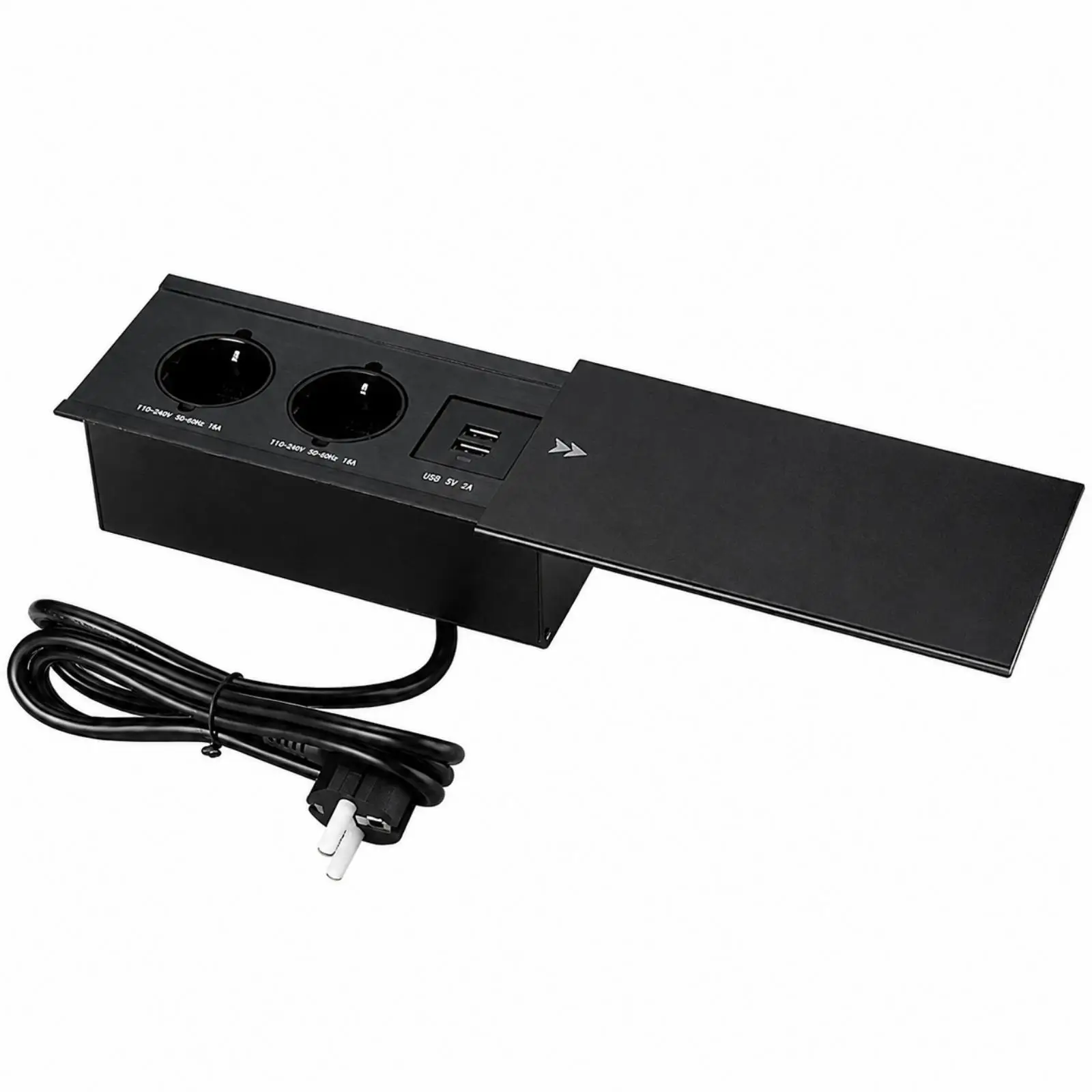 Slide Cover European Socket Under Desk Power Strip Recessed Flush Outlet 2 USB Charger 1.8M Cord Metal Housing
