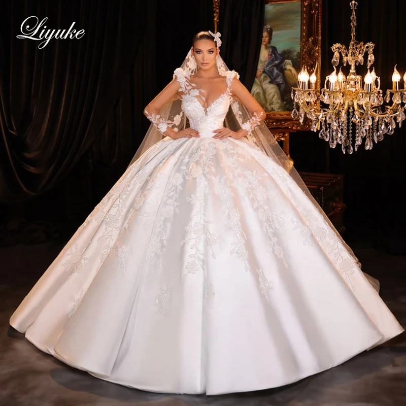 

Liyuke Custom Made Illusion Sleeves Vintage Satin Ball Gown Wedding Dress Symmetrical Beaded lace Bridal Gowns Vestido De Noiva