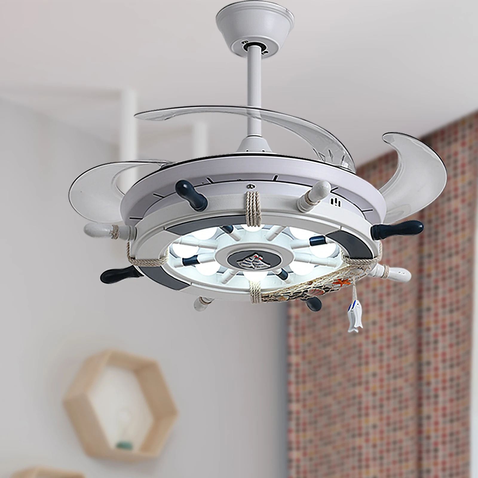 Silver  220v 24W Universal Remote Control Crystal Led Ceiling Fan Light With Hidden Blades Suit for 10 to 20 square Meters Room