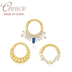 CANNER 1Pc 925 Silver Rectangular Single Row Zircon Hoop Earrings For Women 18K Gold Smooth Fried Dough Twists Horn Nose Ring