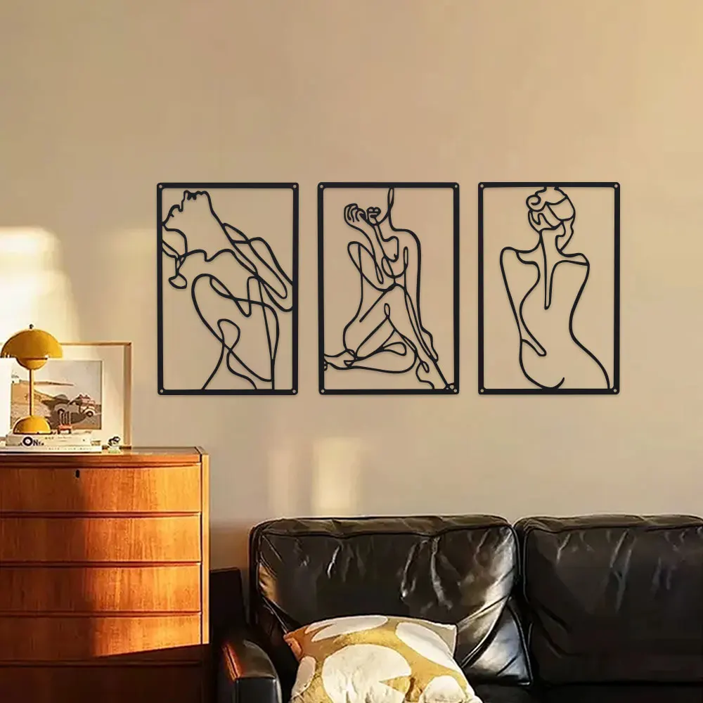 Black Metal Line Art Three Flowing Feminine Silhouettes Minimalist Wall Decor