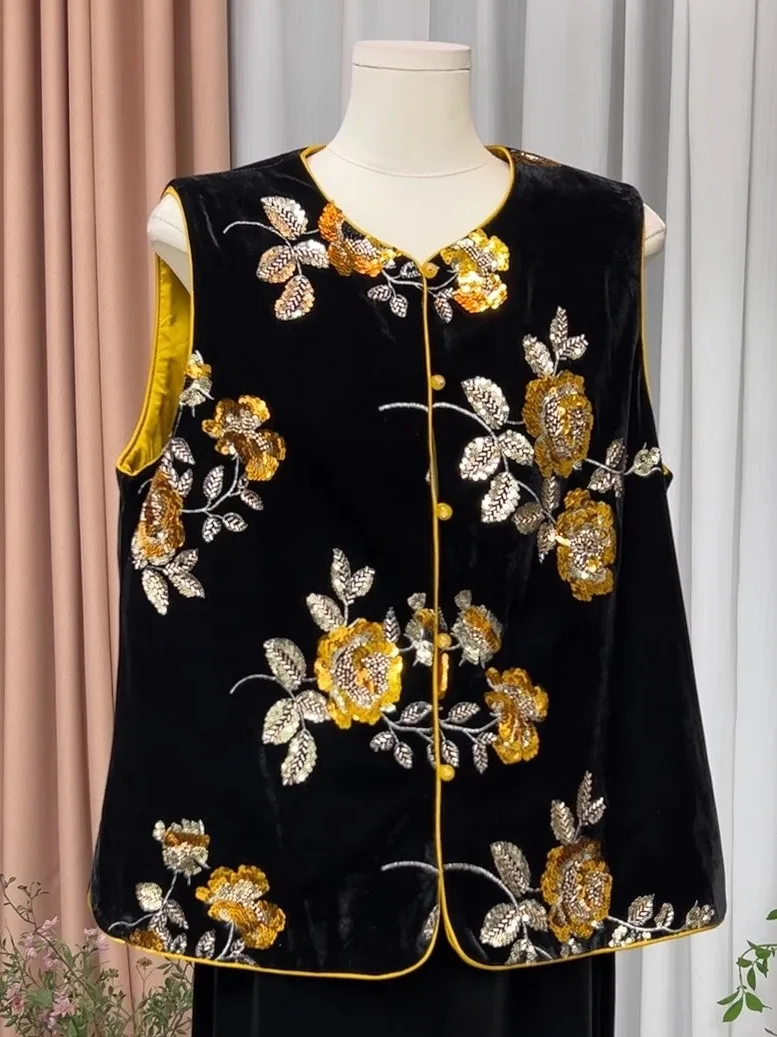 

Ele Vintage Silk Velvet Vest Women's Heavy Embroidery Sequins Floral Chinese Sle Jaet round Ne Single Button Closure