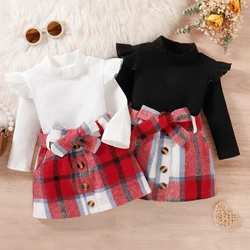 3PCS Autumn 1-4 Years Old Girl Baby Foreign Style College Style Black And White High-Collar Long-Sleeved Top + Red Plaid Skirt