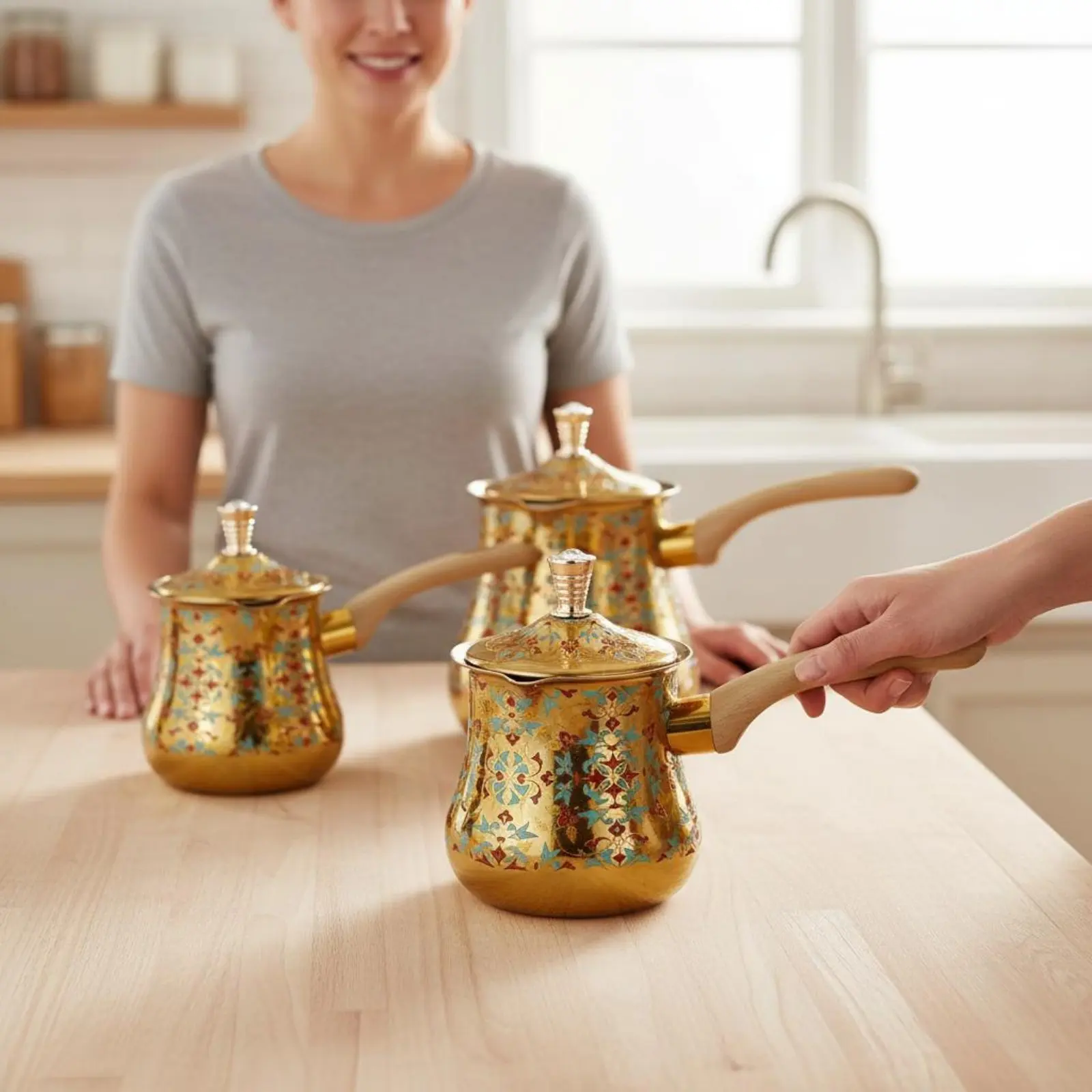 

3 Pieces Turkish Coffee Pot Versatile Arabic Coffee Pot Stainless Steel Butter Warmer Heat-Insulating Wooden Handle