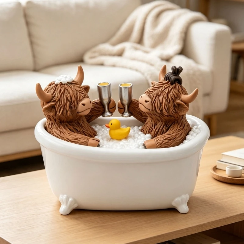 Resin High Land Cow Couple in Bathtub Figurine for Shelf Desk and Home Decors J0MC