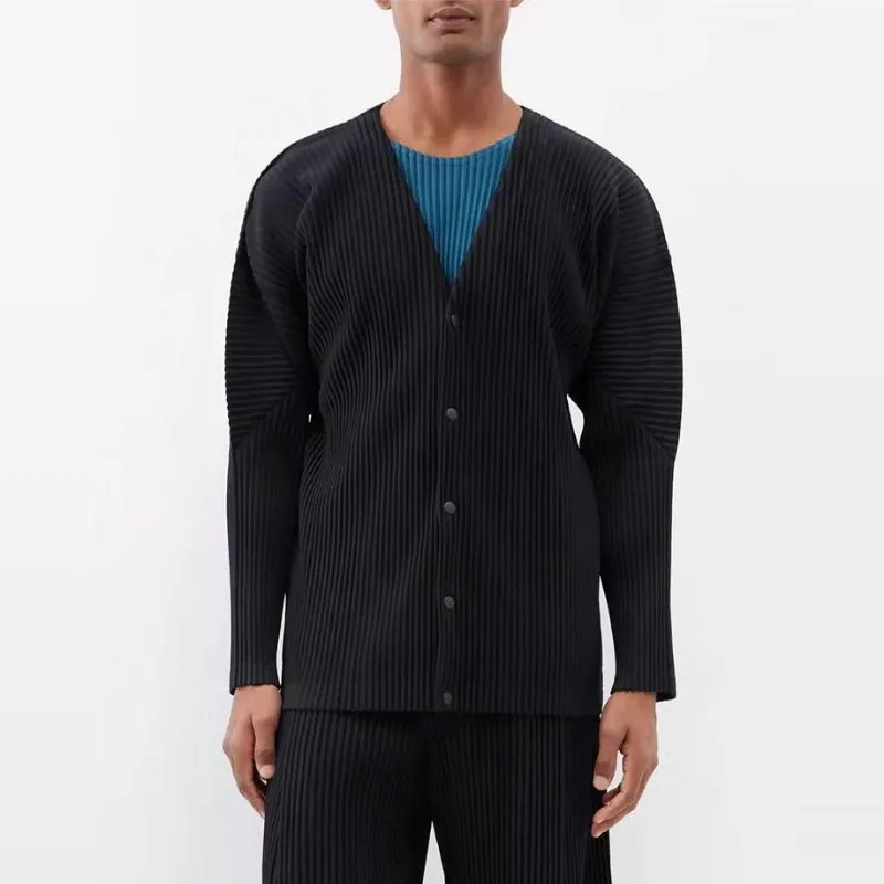 

Miyake Pleated Men’s Clothing Japanese Style Oversized V-Neck Collarless Cardigan Jacket Casual Textured Layering Top for Men