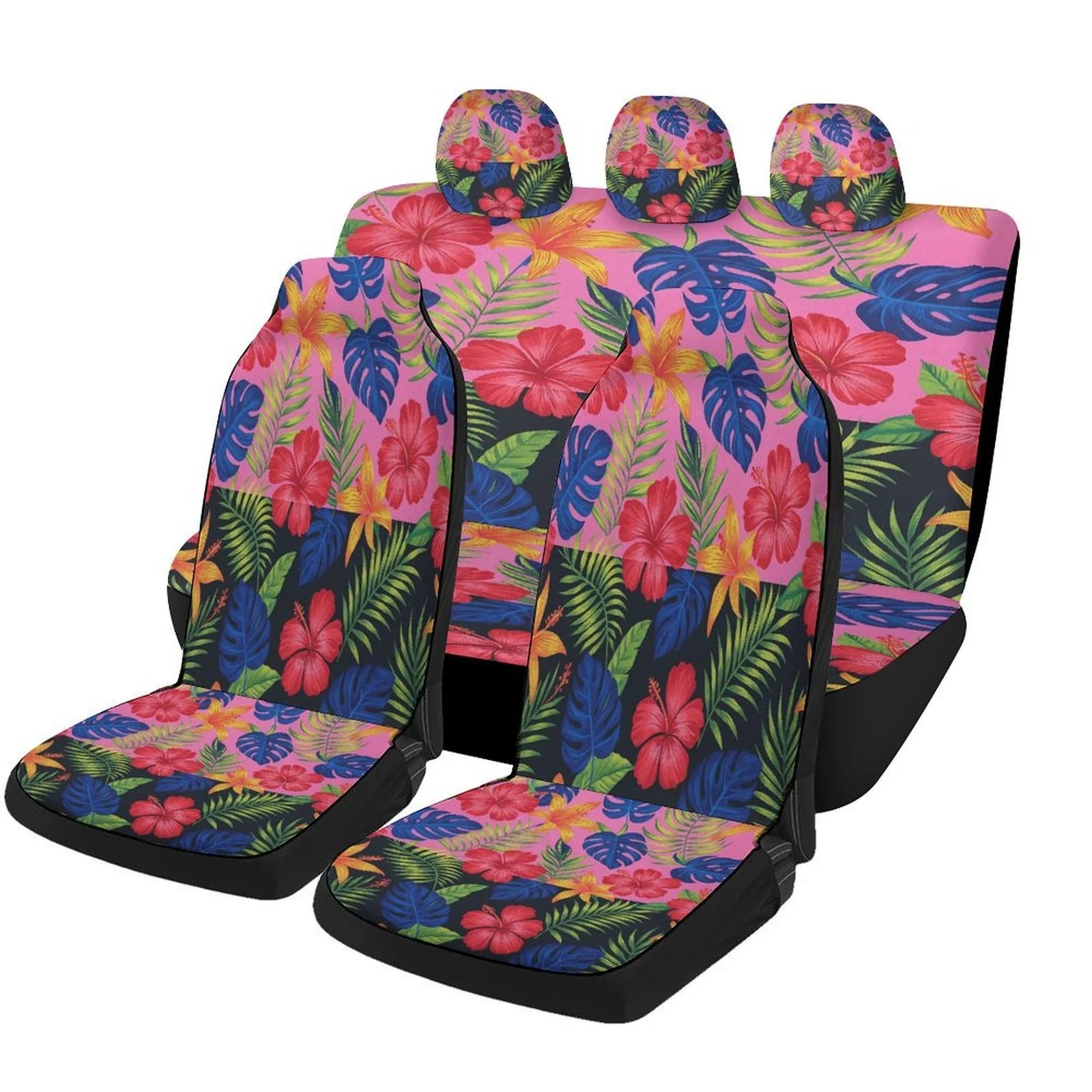 Tropical Floral Pattern Car Seat Cover Set - Vibrant Pink, Blue, Green & Yellow Design, Durable Polyester, Machine Washable, Fit
