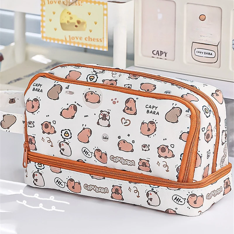 

Capybara Cartoon Large Capacity Pencil Case 5-Layer Oxford Stationery Bag with Handle Dirt-Resistant Multi-Functional Pen Pouch