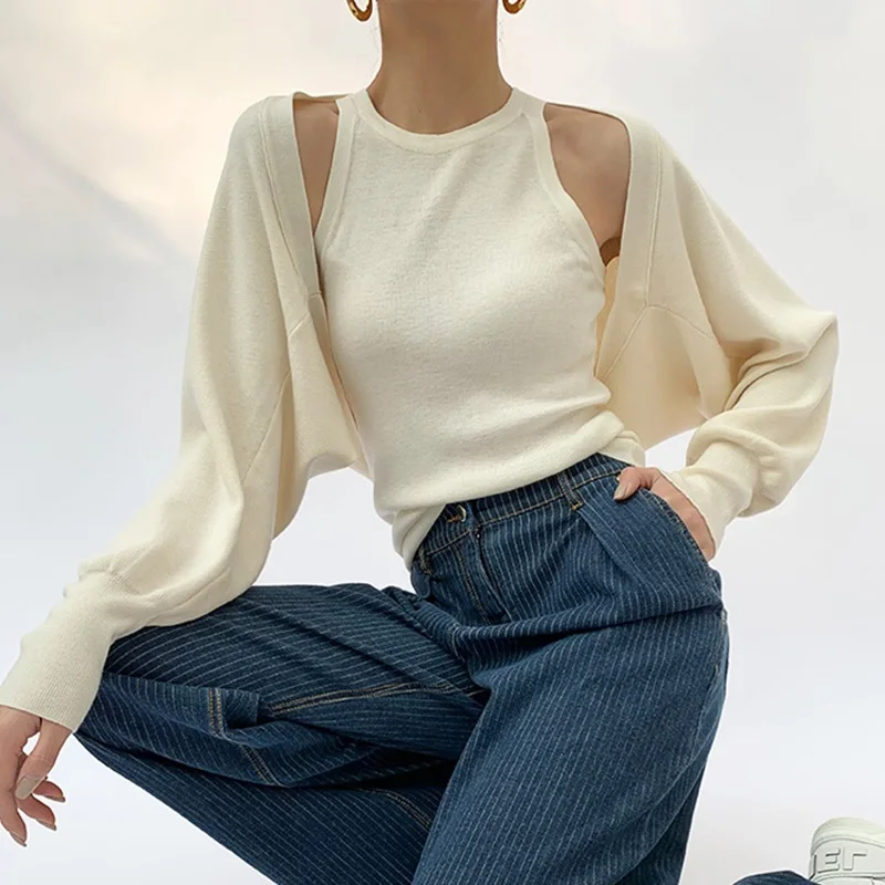 

Women's Light Knitted Cardigan And Tank Top Set Early Autumn Outerwear with Skirt Small Sweater Jacket Two-Piece Suit