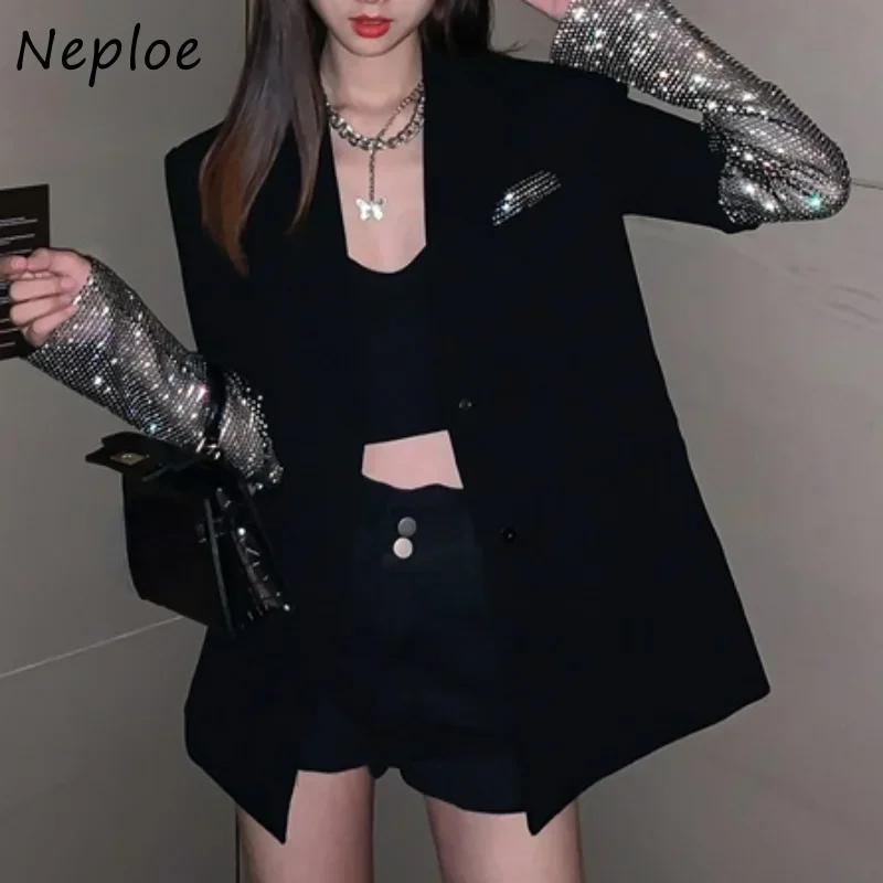 Neploe Autumn Winter V Neck Solid Color Coat Rhinestone Patchwork Long Sleeve Chaquetas Y2k Single-breasted Jaqueta Feminina