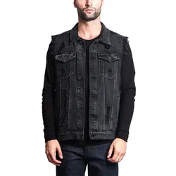 Western Cowboy Style Broken Holes Denim Vest Male Casual Lapel Cardigan Jeans Waistcoats Men New Sleeveless Raw Cut Edge Jacket