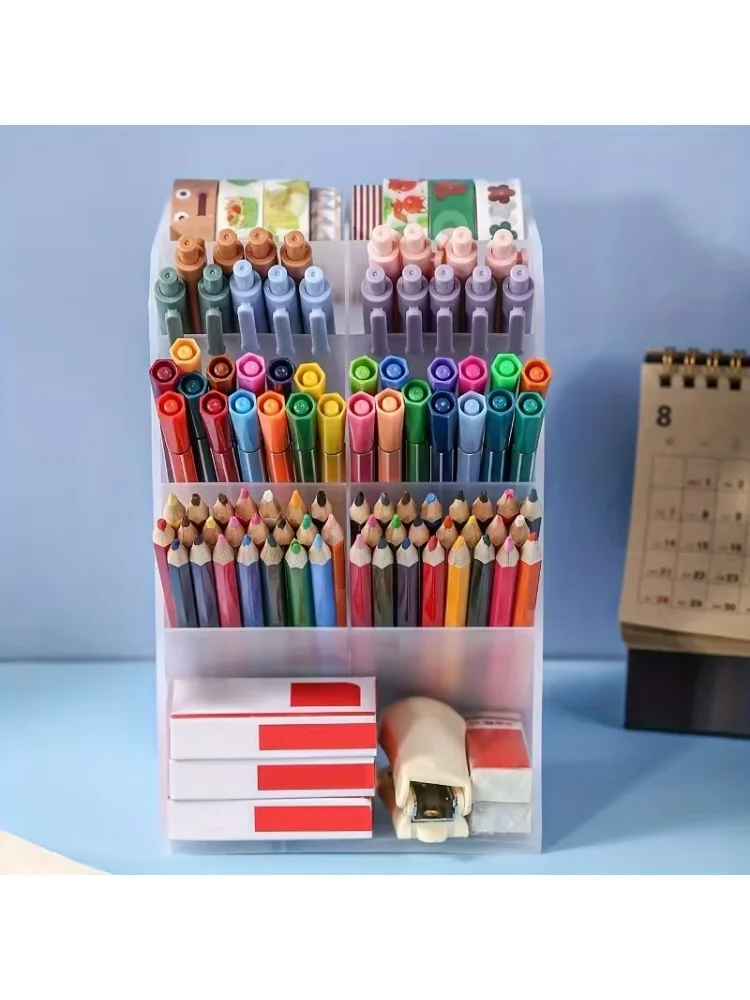 1Pc Large Capacity Transparent Plastic Storage Box, Durable Office Organizer Holder for Marker Pencil Stapler Eraser Document