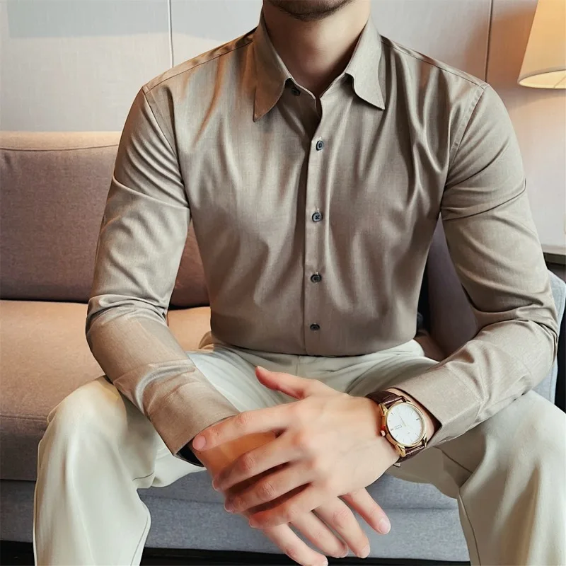 High Quality Shirts for Men Clothes Business Social Formal Wear Solid Color Slim Fit Thin Breathable Long Sleeve Dress Shirt