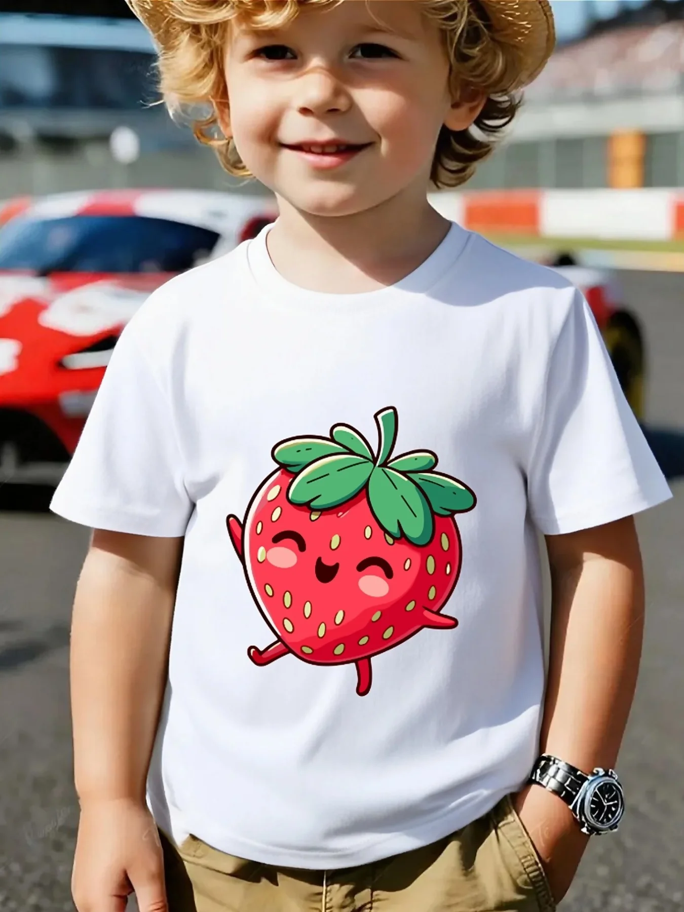 Cute Smiling Cartoon Strawberry Fruit Print Family Matching T Shirt Boys Girls Short Sleeve Parent Child Soft Cotton Casual Tops
