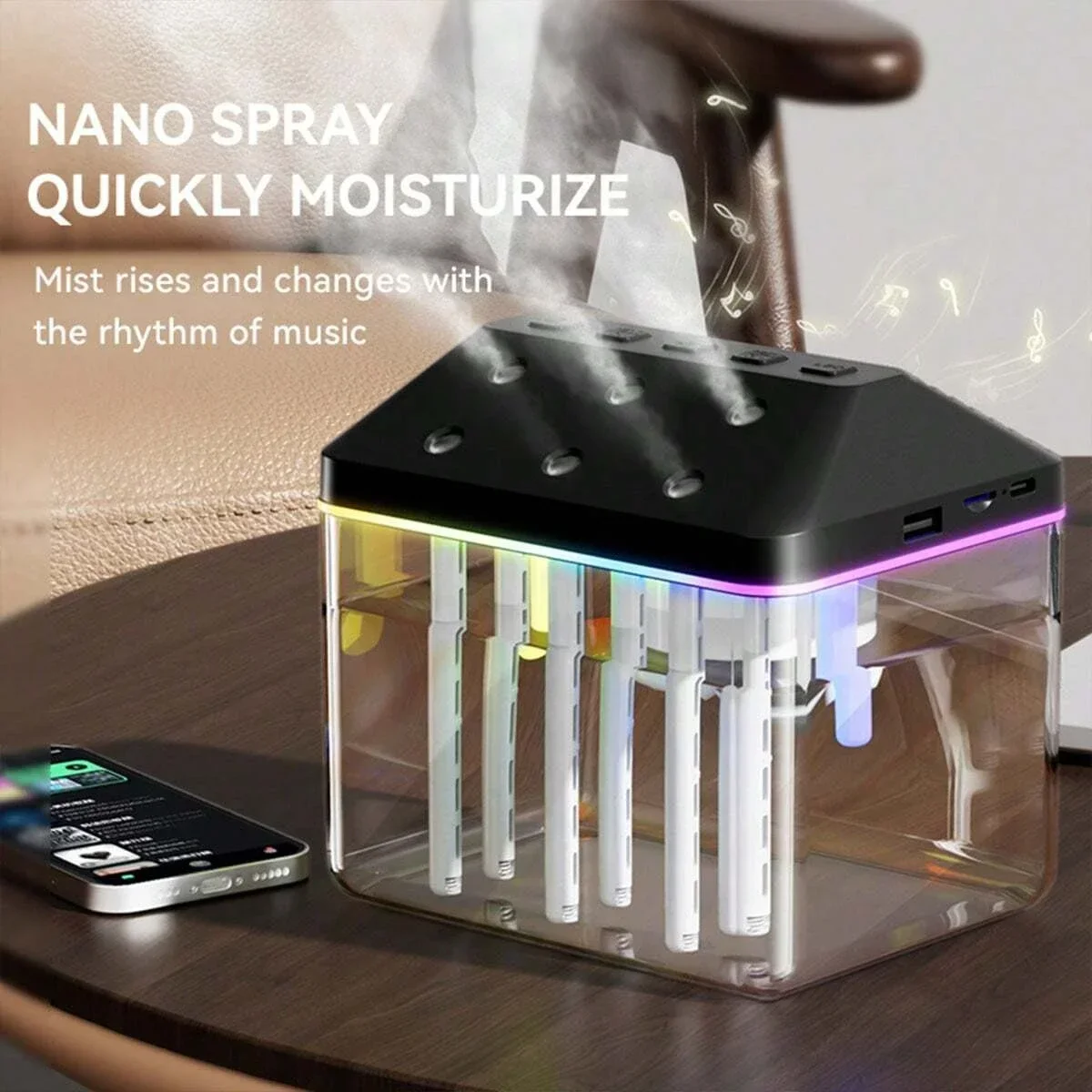 New 900ML 6-Nozzle Musical Humidifier, Bluetooth Speaker & Desktop Mist Humidifier Combo With colorful Light for Home Office Use