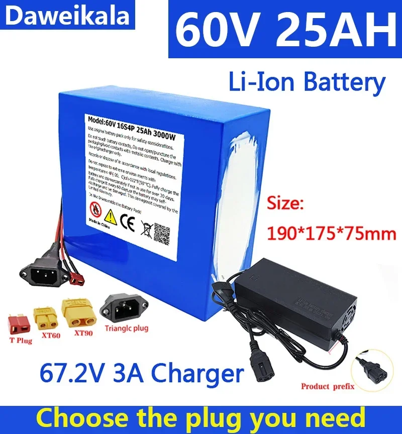 

New60V 25Ah Electric Bike 21700 Battery for Scooter Motorcycle 67.2V 16S4P 3000W Rechargeable Battery with Same Port BMS+charger