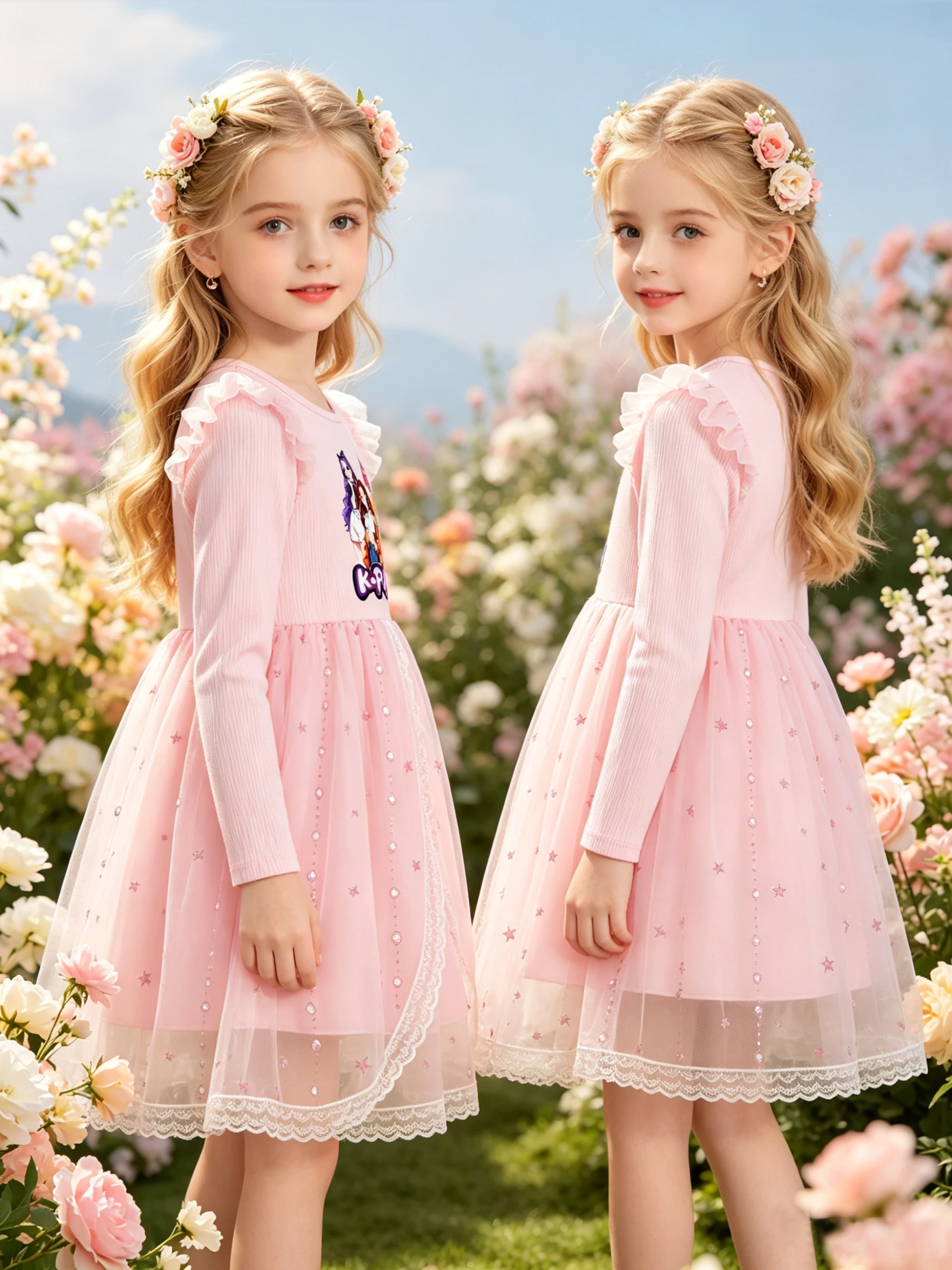 Girls' K-Pop Style Cartoon Print Princess Dress: Pink Ribbed Long-Sleeve Top Paired with a Star-Sequined Tulle Skirt—A Dress Tha