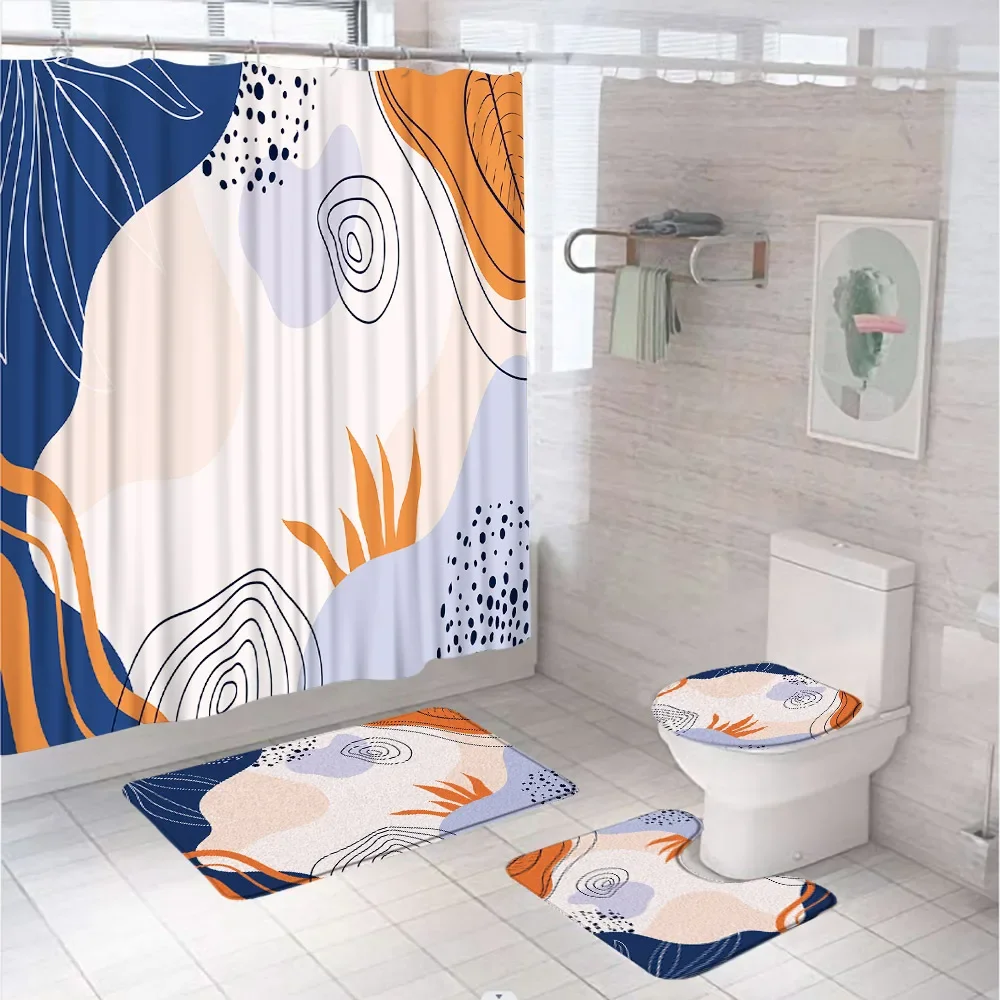 4Pcs Abstract Art Leaves Flower Shower Curtain Set Medieval Design Bathroom Decor Curtain Non-Slip Rug Toilet Lid Cover Bath Mat