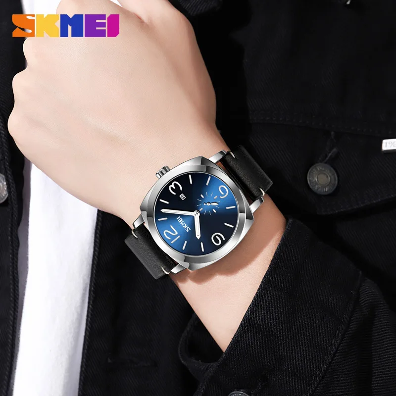 SKMEI العلامة التجارية الأعلى كوارتز ساعات المعصم للرجال مقاوم للماء مقاومة للصدمات بولي Leather حزام من الجلد تاريخ ساعة رجالي Masculino 9305