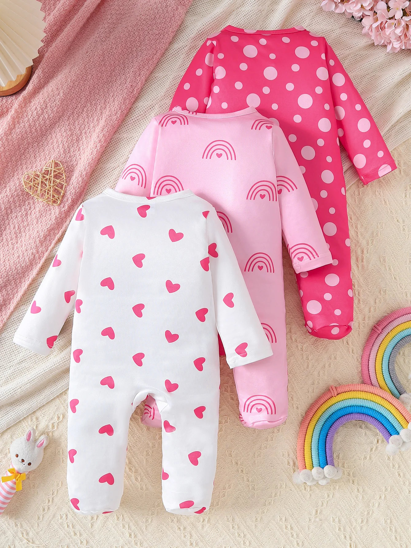 3Pcs 0‑9M Baby Girl Footed Romper, Cute Print Long Sleeve Footies Jumpsuit